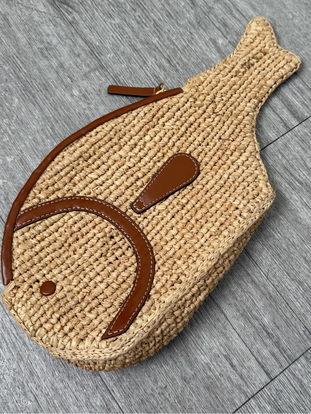 STAUD Pesce Raffia Fish Clutch Natural Tan Leather Trim Novelty Bag